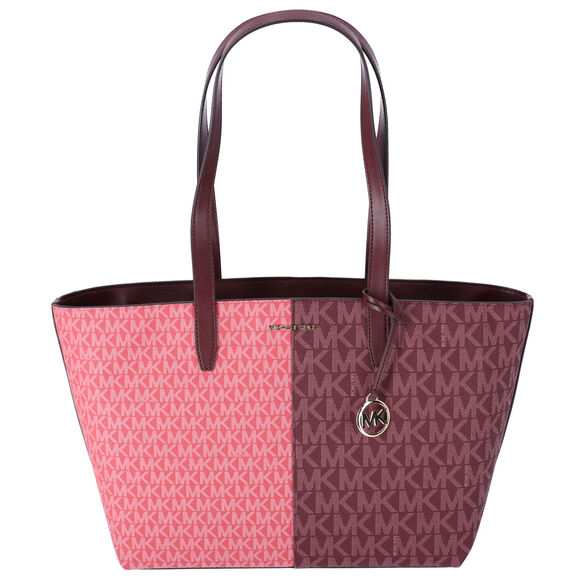Michael Kors Jet Set Travel Medium Zip Top Tote Oxblood Multi MK SIgnature - Picture 1 of 5